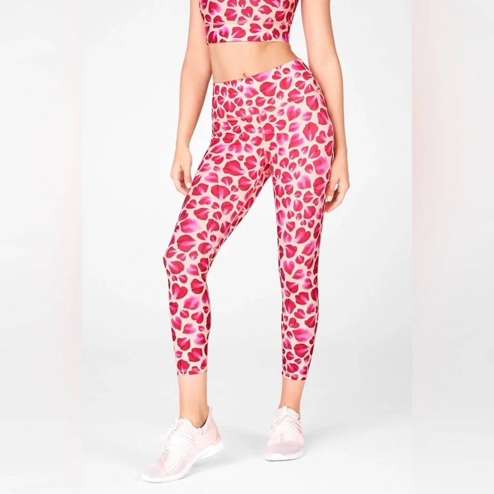 Fabletics XS Petal Floral Sports Bra Leggings Set Pink Red PowerHold 7/8